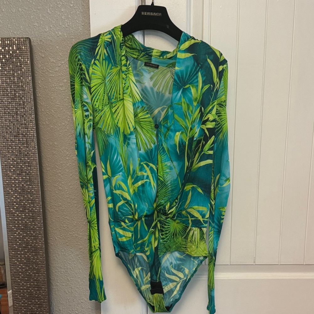 Versace Tropical Leaf Print Bodysuit in Green and Blue